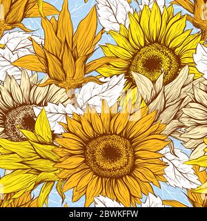Sunflowers field seamless vector pattern for fabric textile design. Flat colors, easy to print. Line art yellow blue wildflowers with pastel orange leaves silhouettes.Sunflower Blossom Stock Vector