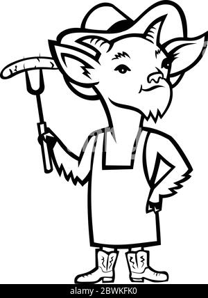 Mascot black and white illustration of a Billy goat who is a barbecue or bbq chef holding sausage and wearing cowboy hat, boots, apron standing front Stock Vector