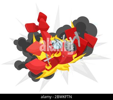Crashing biplane red cartoon design element, isolated vector, over white, horizontal Stock Vector