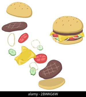 Hamburger elements breakup, vector cartoon color illustration vertical, over white, isolated Stock Vector
