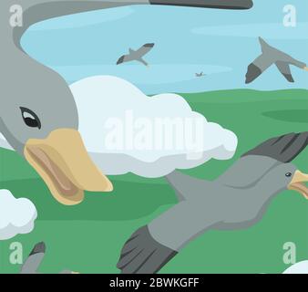 Wild geese migrating cartoon birds in flight close up, color vector illustration, horizontal Stock Vector