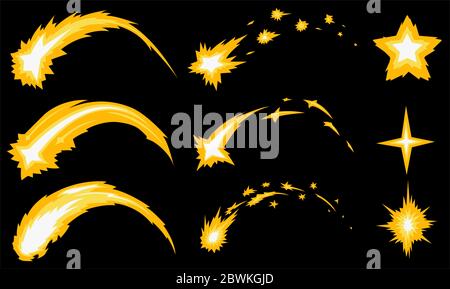 Shooting stars icon set selection, color vector illustration design elements, horizontal, over black, isolated Stock Vector