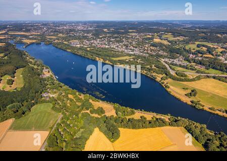 lake Kemnader See with retaurant Haus Oveney and former coal mein Gibraltar, 22.07.2019, aerial view, Germany, North Rhine-Westphalia, Ruhr Area, Bochum Stock Photo