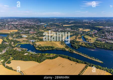 port Heveney at lake Kemnader See in Bochum, leisure pool Heveney in Witten-Heven, 22.07.2019, Luftbild, Germany, North Rhine-Westphalia, Ruhr Area, Bochum Stock Photo