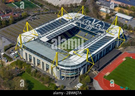 stadium Signal Iduna Park Dortmund and stadium Rote Erde in Dortmund, 10.04.2019, aerial view, Germany, North Rhine-Westphalia, Ruhr Area, Dortmund Stock Photo