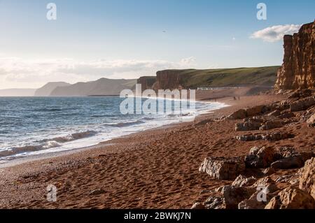 People walk along the beach at Burton Freshwater, under the sandstone East Cliffs of West Bay near Bridport on Dorset's Jurassic Coast. Stock Photo