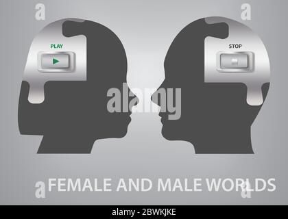 Female and male worlds concept vector showing silhouette of head od man and woman  with buttons Play and Stop in their brain. Stock Vector