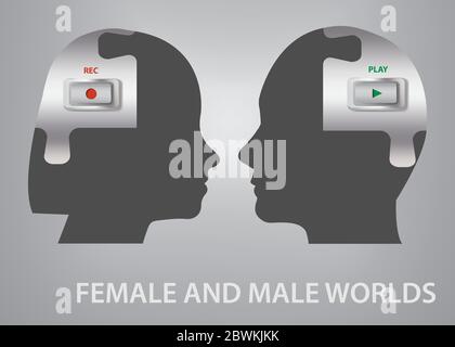 Female and male worlds concept vector showing silhouette of head od man and woman  with buttons Play and Record in their brain. Stock Vector