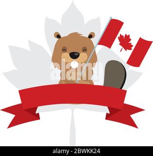 Canadian beaver with flag of happy canada day vector design Stock Vector