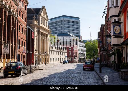 Bristol, England, UK - May 25, 2020: Morning sun shines on the Bristol Old Vic Theatre on the traditional cobbled King Street. Stock Photo