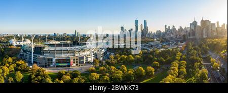 Melbourne Australia May 15th 2020 : Aerial view of the famous Melbourne Cricket Ground stadium  in the late afternoon sun Stock Photo