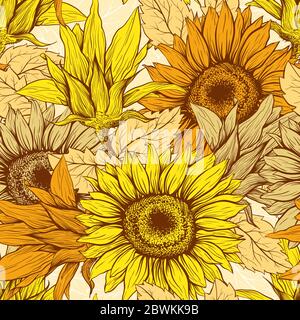 Warm Yellow Sunflowers field seamless vector pattern for fabric textile design. Flat colors, easy to print. Line art colored yellow wildflowers with pastel orange leaves silhouettes.Sunflower Blossom Stock Vector