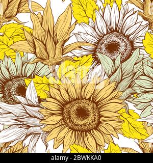 Bright Yellow Sunflowers field seamless vector pattern for fabric textile design. Flat colors, easy to print. Line art colored yellow wildflowers with pastel orange leaves silhouettes. Stock Vector
