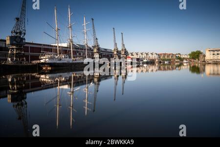 Bristol, England, UK - May 25, 2020: The tall ship Lord Nelson and other historic vessels are docked along Prince's Wharf outside Bristol's M Shed mus Stock Photo