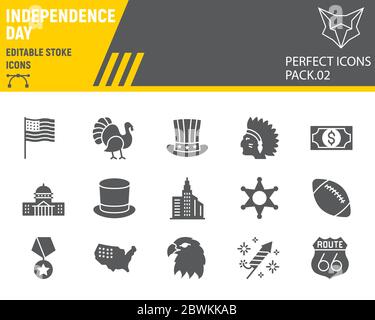 Independence day glyph icon set, usa symbols collection, vector sketches, logo illustrations, america pride icons, holiday signs solid pictograms Stock Vector