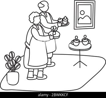 eldery couple cooking pastry in home activity line style Stock Vector