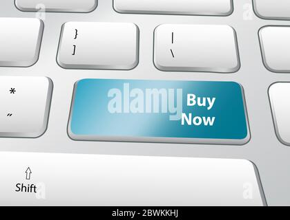 Buy Now Lifestyle Concept . PC keyboard with blue button with the inscription Buy Now. Stock Vector