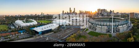 Melbourne Australia May 15th 2020 : Aerial view of the famous Melbourne Cricket Ground stadium  in the late afternoon sun Stock Photo