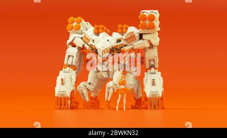 Futuristic AI Battle Droid Cyborg Mech White an Orange with Female Handler Front View 3d illustration 3d render Stock Photo