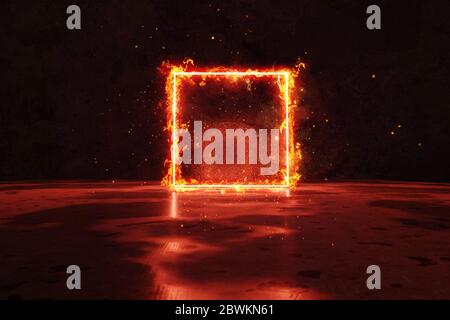 3d rendering of red lighten square shape in fire against grunge wall background Stock Photo