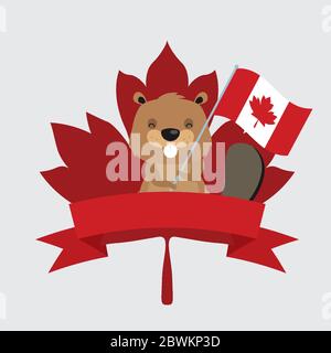 Canadian beaver with flag and ribbon of happy canada day vector design Stock Vector