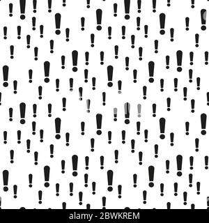 Vector seamless pattern with exclamation point. Black and white simple background design. Hazard warning hand draw symbol. Vector seamless pattern on Stock Vector