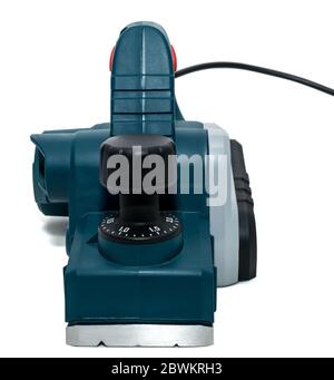 Electric planer for wood processing on a white background. Isolated Stock Photo