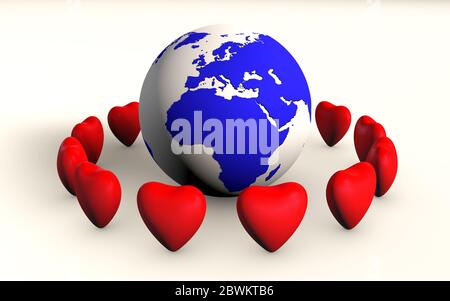 planet earth surrounded by love heart 3d rendered concept isolated on white Stock Photo