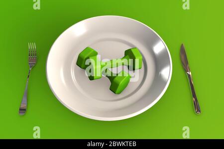 Training hard instead of eating 3d rendered concept isolated on green background Stock Photo