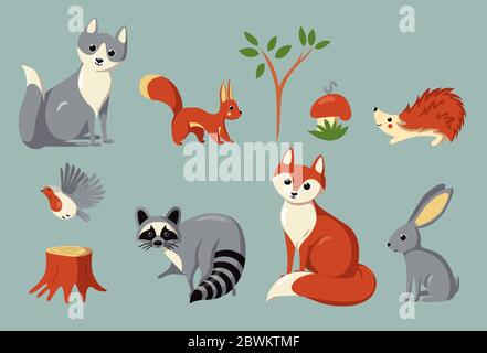 Set of woodland animals, bird, mushroom and plants. Vector illustration in cute cartoon style Stock Vector