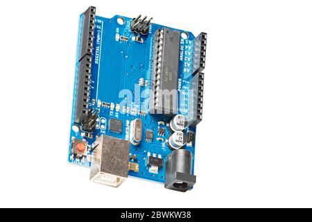 Open source microcontroller development, prototype board, isolated on a white background Stock Photo