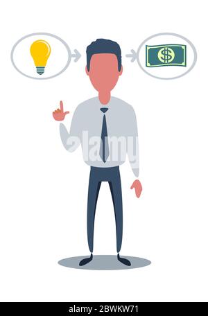 Man and Yellow Lamp overhead. Idea Generation. Creating Business Idea. New Technologies. Turn into Reality Thoughts. Reward for New Idea. Stock Vector