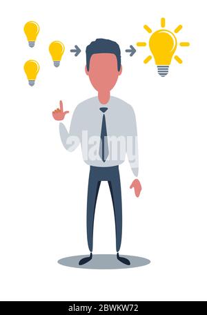 Man and Yellow Lamp overhead. Idea Generation. Creating Business Idea. New Technologies. Turn into Reality Thoughts. Reward for New Idea. Stock Vector