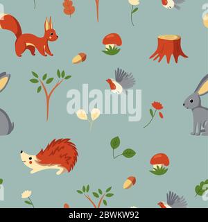 Seamless pattern with woodland animals, birds, mushrooms and plants. Design for textile, fabric and paper. Vector illustration in cute cartoon style Stock Vector