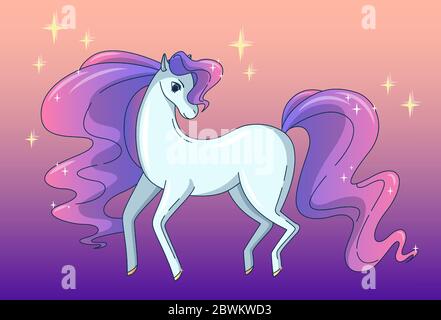 Pretty horse with waving mane and tail, shining like a brilliant. Vector illustration in cute cartoon style Stock Vector