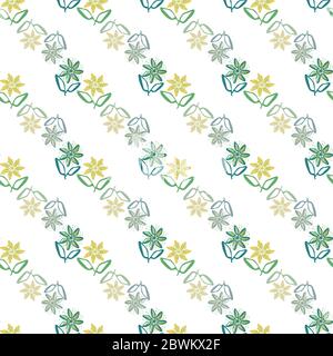 Modern hand drawn flowers seamless vector pattern background. Diagonal rows of painterly flowers with offset color on white backdrop. Geometric Stock Vector