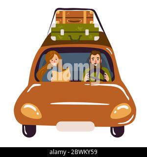 Vector travelers in the car with baggage. Couple car travel Stock Vector