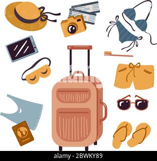 Vector set of things for beach, summer travel, vacation. Stock Vector