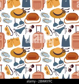 Vector seamless pattern of things for beach, summer travel, vacation. Stock Vector