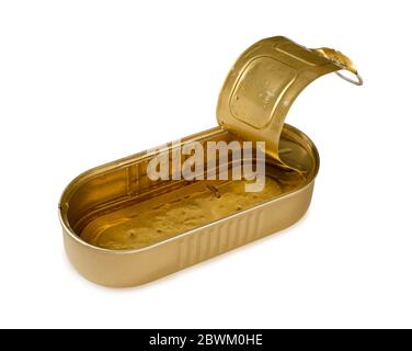 Empty dirty open tin can for fish isolated on a white background Stock Photo