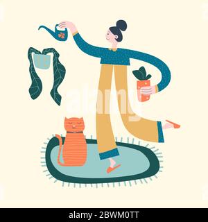 Stay home poster. Taking care of flowers  Stock Vector