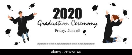 Graduation ceremony banner. Young graduate students jumping and throwing the mortarboard high into the air. Flat vector illustration isolated on white Stock Vector