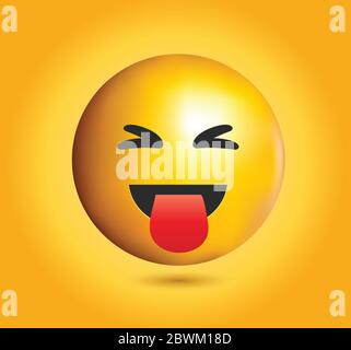 High quality emoticon on yellow gradient background.Laughing emoji with closed eyes.Yellow face with eyes and sticking out its tongue.Tongue face. Stock Vector