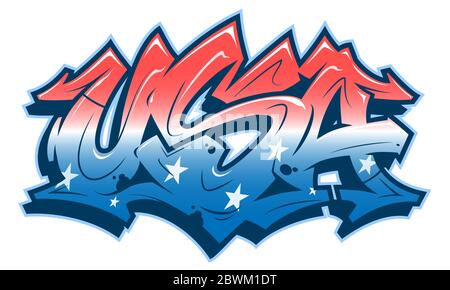 USA lettering in readable graffiti style in red white and blue colors. Vector banner isolated on white background. Stock Vector
