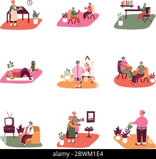 eldery people practicing activities in home scenes Stock Vector