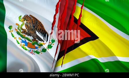 Mexico and Guyana flags with scar concept. Waving flag,3D rendering. Mexico and Guyana conflict concept. Mexico Guyana relations concept. flag of Mexi Stock Photo