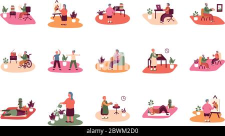 eldery people practicing activities in home scenes Stock Vector