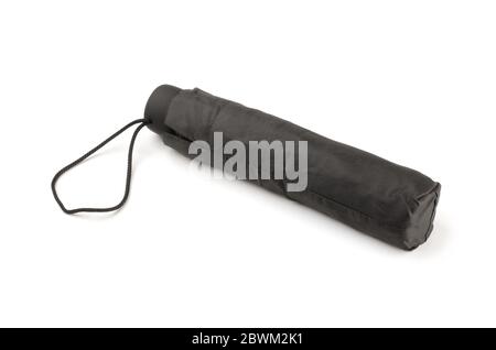 Folded black automatic umbrella isolated on white background Stock Photo