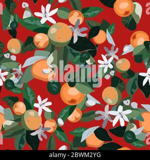 Seamless pattern with leaves, inflorescences and fruits orange on a red background. Vector illustration green-blue colors with plants. EPS 10 Stock Photo