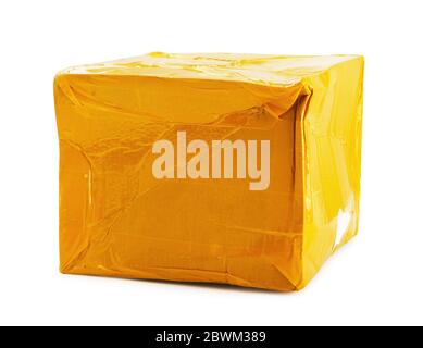 Damaged cardboard box isolated on white background Stock Photo